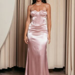 Φόρεμα maxi σατέν στυλ bustier κορσέ baby pink
