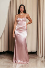 Φόρεμα maxi σατέν στυλ bustier κορσέ baby pink