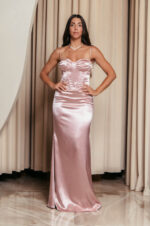 Φόρεμα maxi σατέν στυλ bustier κορσέ baby pink