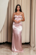 Φόρεμα maxi σατέν στυλ bustier κορσέ baby pink