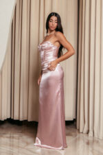 Φόρεμα maxi σατέν στυλ bustier κορσέ baby pink