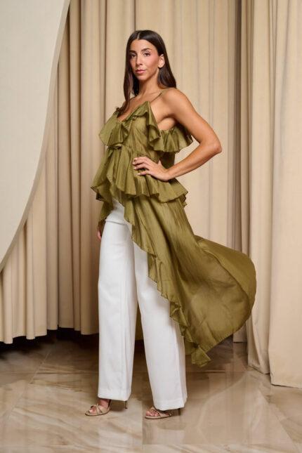 Μπλούζα σιθρού μακριά με ασύμμετρα βολάν λαδί