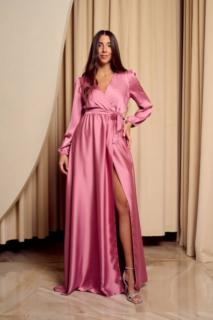 Φόρεμα maxi σατέν με V ντεκολτέ σάπιο μήλο