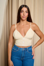 Crop Top μπούστο με κάθετες λευκές και καφέ ρίγες μπεζ