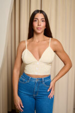 Crop Top μπούστο με κάθετες λευκές και καφέ ρίγες μπεζ