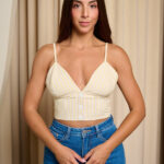 Crop Top μπούστο με κάθετες λευκές και καφέ ρίγες μπεζ