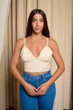 Crop Top μπούστο με κάθετες λευκές και καφέ ρίγες μπεζ