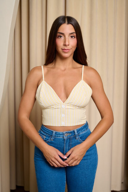 Crop Top μπούστο με κάθετες λευκές και καφέ ρίγες μπεζ