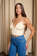 Crop Top μπούστο με κάθετες λευκές και καφέ ρίγες μπεζ - Image 9