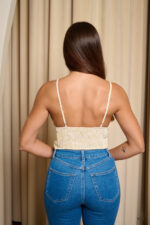 Crop Top μπούστο με κάθετες λευκές και καφέ ρίγες μπεζ