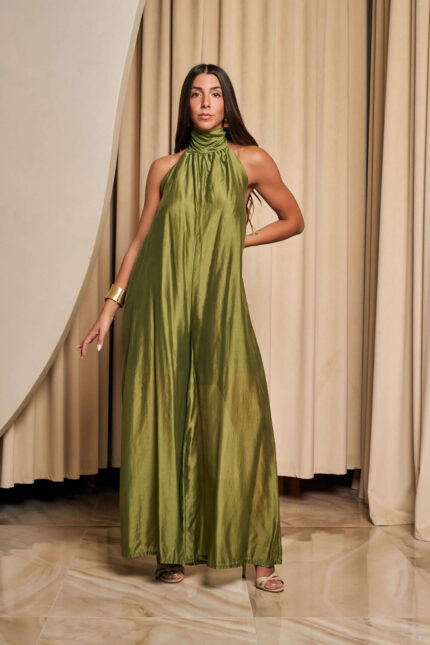 Ολόσωμη φόρμα φαρδιά με ανοιχτή πλάτη λαδί