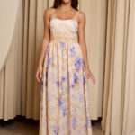 Φόρεμα maxi με μωβ floral print μπεζ