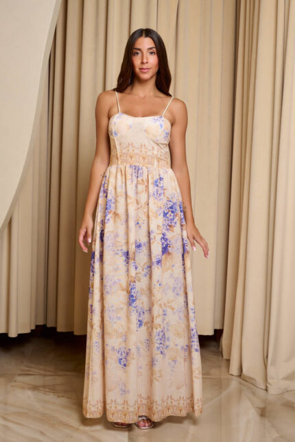 Φόρεμα maxi με μωβ floral print μπεζ