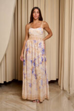 Φόρεμα maxi με μωβ floral print μπεζ - Image 3