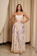 Φόρεμα maxi με μωβ floral print μπεζ - Image 8