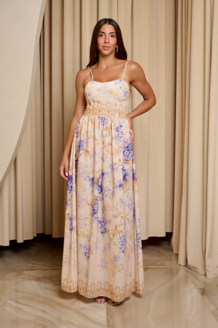 Φόρεμα maxi με μωβ floral print μπεζ - Image 9