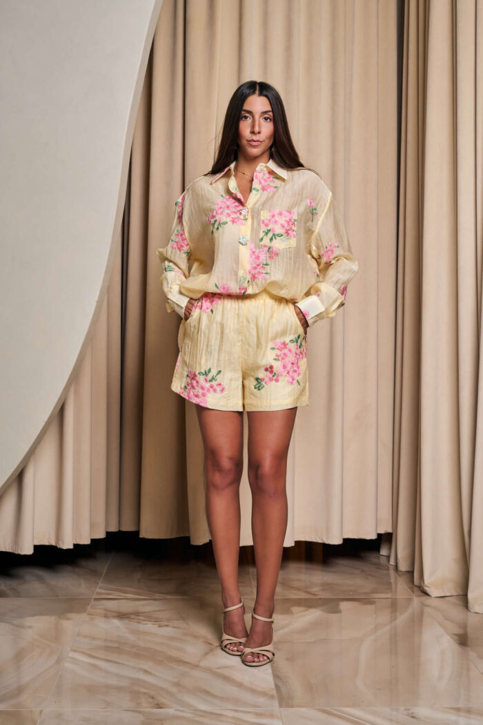 Σετ πουκάμισο - σόρτς με floral ροζ print κίτρινο