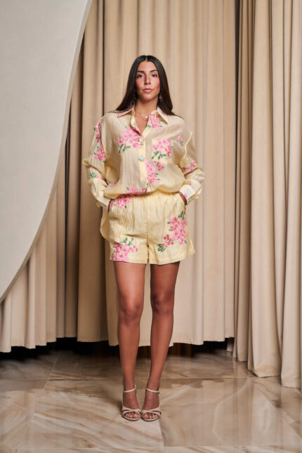 Σετ πουκάμισο - σόρτς με floral ροζ print κίτρινο