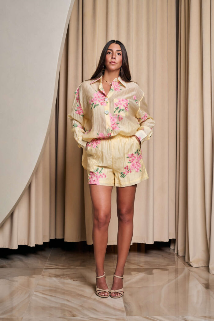 Σετ πουκάμισο - σόρτς με floral ροζ print κίτρινο