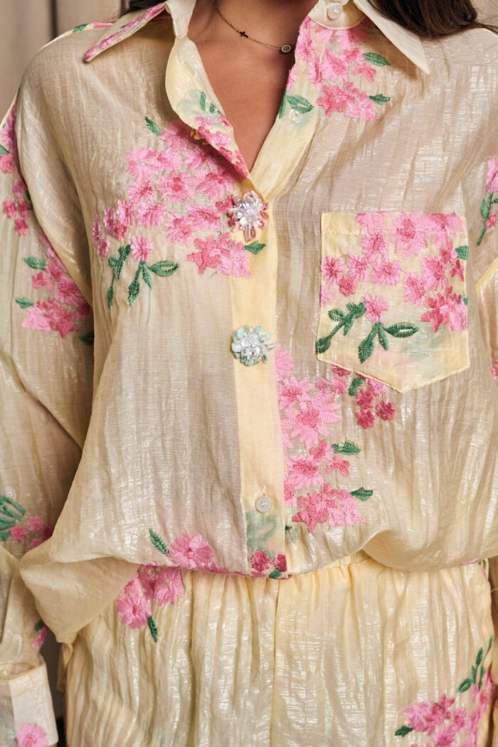 Σετ πουκάμισο - σόρτς με floral ροζ print κίτρινο