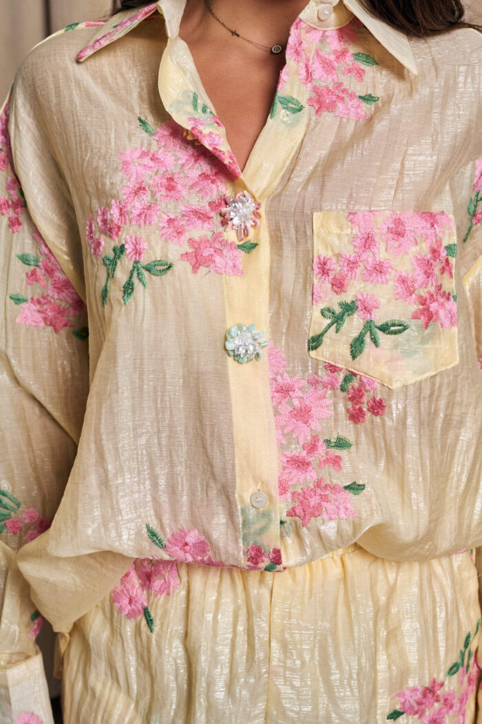 Σετ πουκάμισο - σόρτς με floral ροζ print κίτρινο