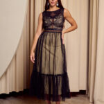 Φόρεμα midi με δαντέλα και τούλι μαύρο