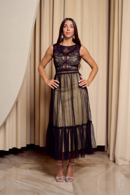 Φόρεμα midi με δαντέλα και τούλι μαύρο