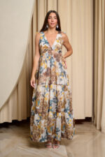 Φόρεμα maxi με επίπεδα και καφέ - μπλε floral print λευκό
