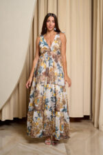 Φόρεμα maxi με επίπεδα και καφέ - μπλε floral print λευκό