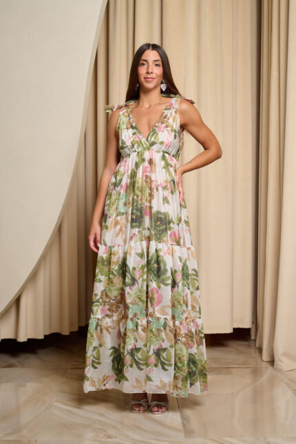 Φόρεμα maxi με επίπεδα και πράσινο floral print λευκό