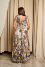Φόρεμα maxi με επίπεδα και καφέ - μπλε floral print λευκό