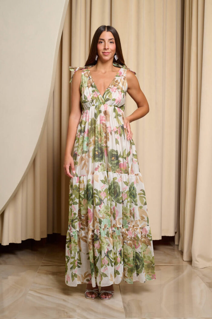 Φόρεμα maxi με επίπεδα και πράσινο floral print λευκό
