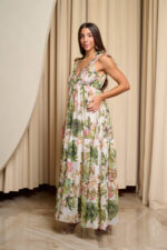 Φόρεμα maxi με επίπεδα και πράσινο floral print λευκό