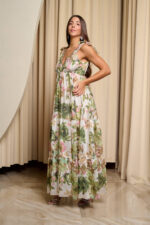 Φόρεμα maxi με επίπεδα και πράσινο floral print λευκό
