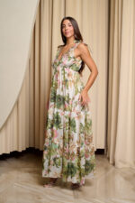 Φόρεμα maxi με επίπεδα και πράσινο floral print λευκό