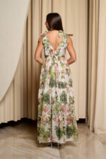 Φόρεμα maxi με επίπεδα και πράσινο floral print λευκό