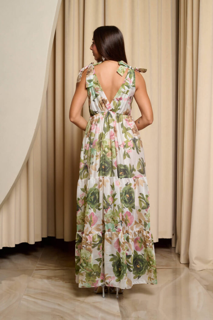 Φόρεμα maxi με επίπεδα και πράσινο floral print λευκό