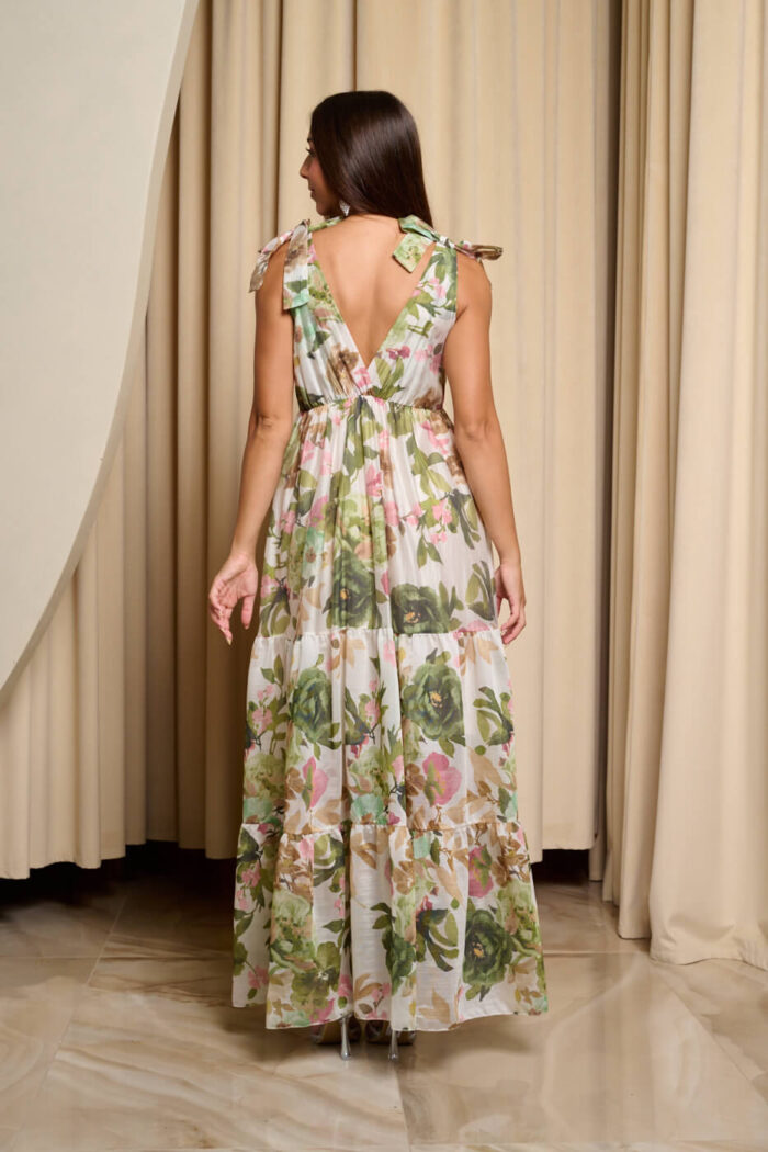 Φόρεμα maxi με επίπεδα και πράσινο floral print λευκό