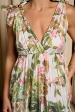 Φόρεμα maxi με επίπεδα και πράσινο floral print λευκό