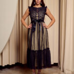 Φόρεμα midi με δαντέλα τούλι και ραμμένη ζώνη μαύρο