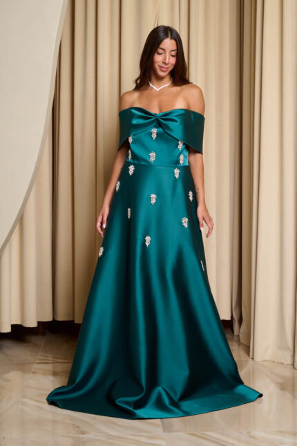 Φόρεμα maxi off shoulder με διακοσμητικές πέτρες κυπαρρισί