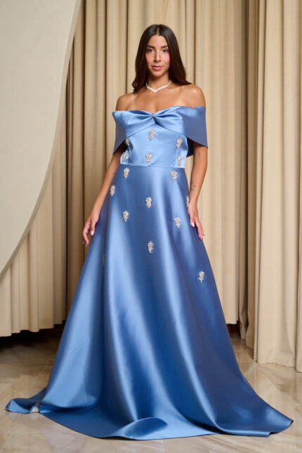 Φόρεμα maxi off shoulder με διακοσμητικές πέτρες dusty blue