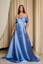 Φόρεμα maxi off shoulder με διακοσμητικές πέτρες dusty blue - Image 2