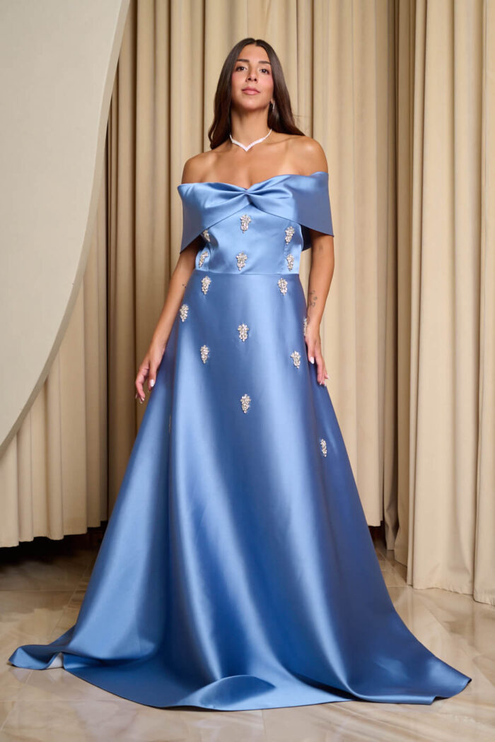 Φόρεμα maxi off shoulder με διακοσμητικές πέτρες dusty blue - Image 7