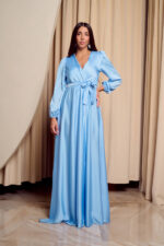 Φόρεμα maxi σατέν με V ντεκολτέ baby blue