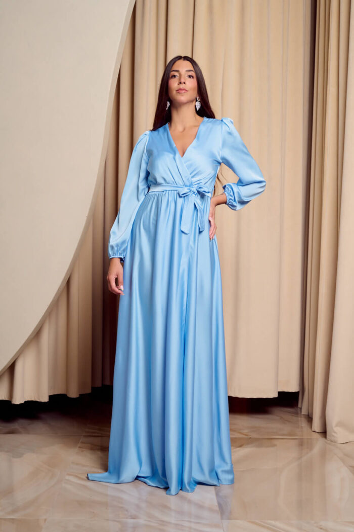 Φόρεμα maxi σατέν με V ντεκολτέ baby blue