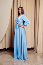 Φόρεμα maxi σατέν με V ντεκολτέ baby blue