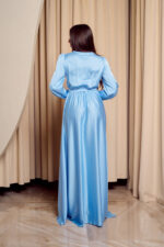 Φόρεμα maxi σατέν με V ντεκολτέ baby blue