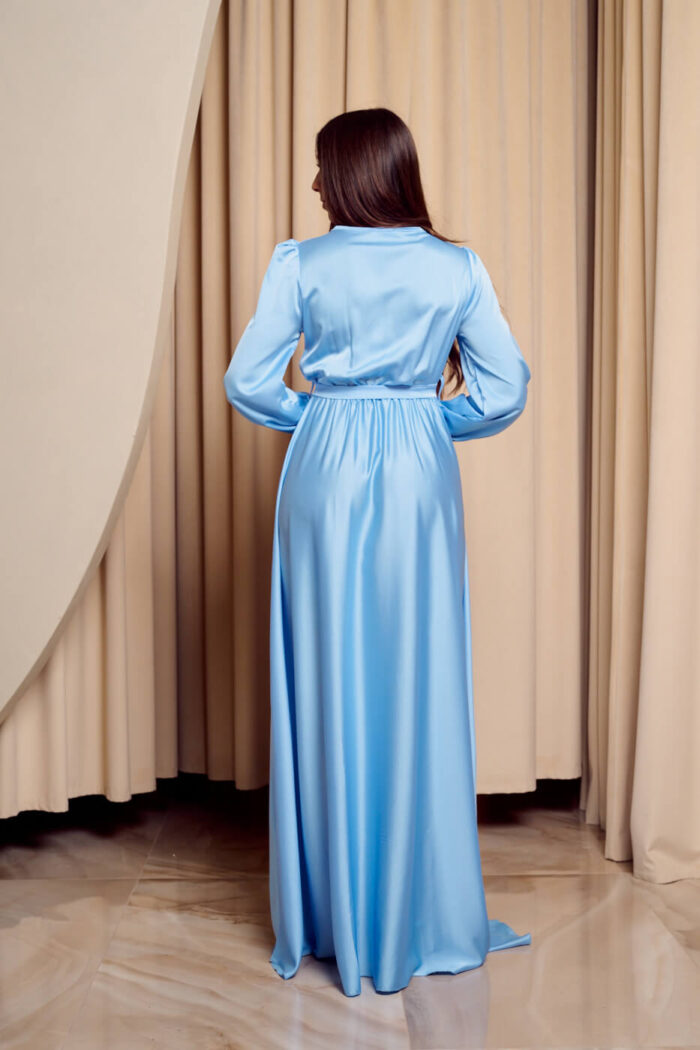 Φόρεμα maxi σατέν με V ντεκολτέ baby blue
