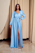 Φόρεμα maxi σατέν με V ντεκολτέ baby blue
